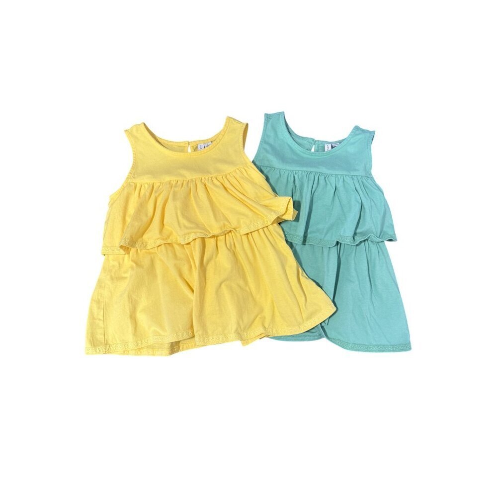 Janie And Jack Girls Tiered Ruffle Sleeveless Top Size 8 Yellow & Green Set of 2